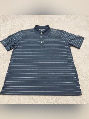 Greg Norman Play Dry Polo Shirt XL dark blue stripes short sleeve logo on sleeve